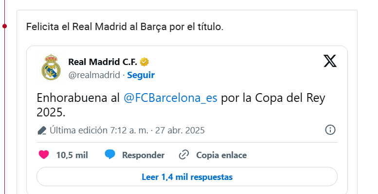 Hào phóng! Twitter chính thức của Real Madrid Club chúc mừng Barcelona giành chức vô địch King's Cup