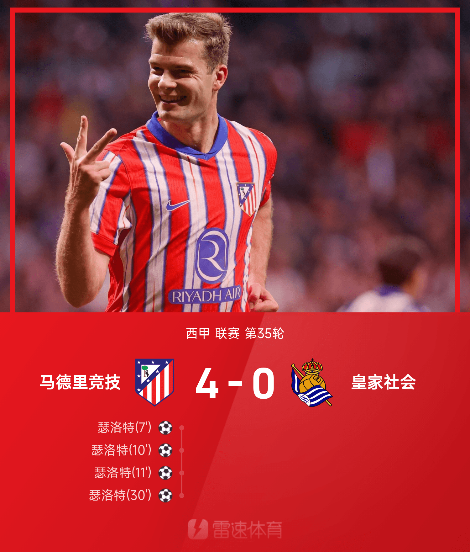 Bản tin trận đấu La Liga: Slot ghi bốn bàn, Atletico Madrid đánh bại Real Sociedad 4-0 để đảm bảo một suất tham dự Champions League mùa giải tới